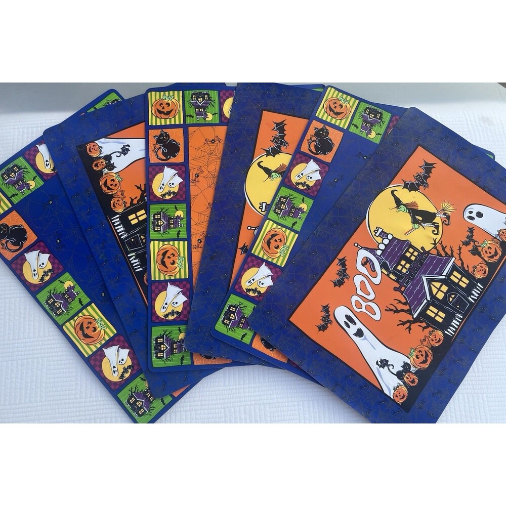 Vintage Halloween Foam Placemats Set of 7 12x18 Ghost Witch Black Cat